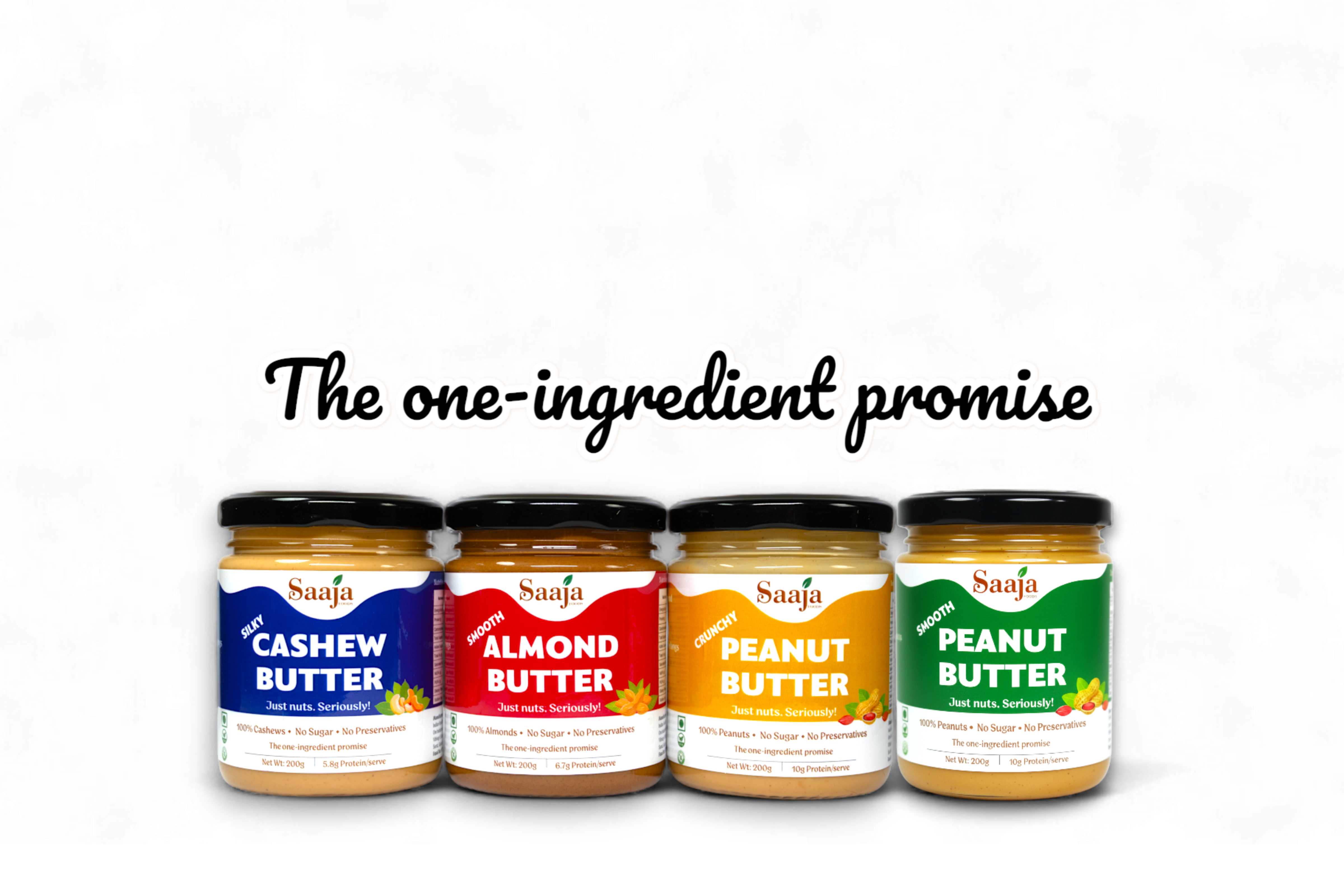 Saaja nut butter lineup - Cashew, Almond, Crunchy Peanut & Smooth Peanut Butter